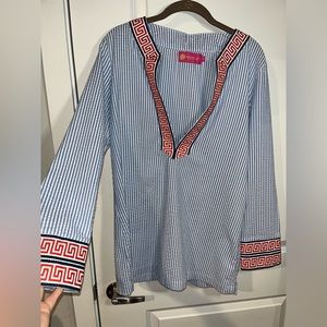 Macbeth Collection by Margaret Josephs Greek Key Seersucker Striped Tunic Medium